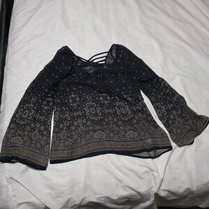 Charming Charlie Sheer Boho Top Black & Tan Print Long Sleeve Size S